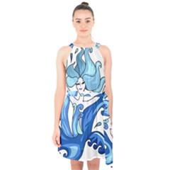 Abstract Colourful Comic Characters Halter Collar Waist Tie Chiffon Dress