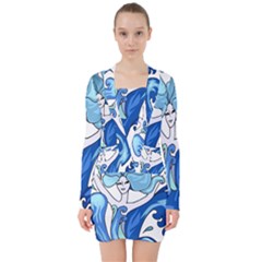 Abstract Colourful Comic Characters V-neck Bodycon Long Sleeve Dress