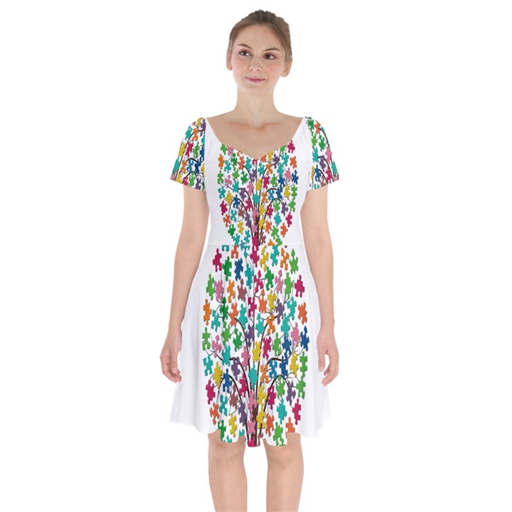 Tree Share Pieces Of The Puzzle Short Sleeve Bardot Dress