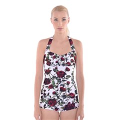 Red Roses Print Boyleg Halter Swimsuit  by CasaDiModa