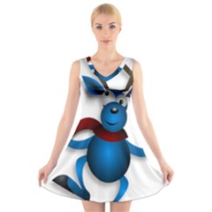Reindeer Dancing Blue Christmas V-neck Sleeveless Dress by Simbadda