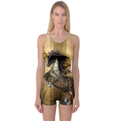 Awesome Steampunk Horse, Clocks And Gears In Golden Colors One Piece Boyleg Swimsuit by FantasyWorld7