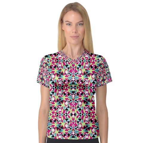 Multicolored Abstract Geometric Pattern V-neck Sport Mesh Tee by dflcprints