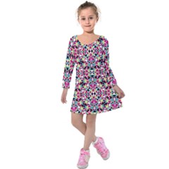 Multicolored Abstract Geometric Pattern Kids  Long Sleeve Velvet Dress