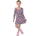 Multicolored Abstract Geometric Pattern Kids  Long Sleeve Velvet Dress View1