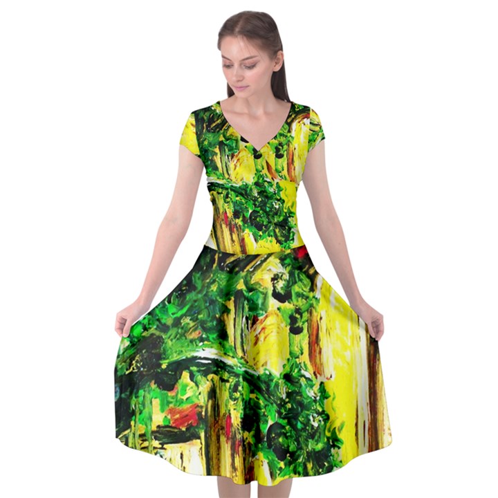 Old Tree And House With An Arch 2 Cap Sleeve Wrap Front Dress