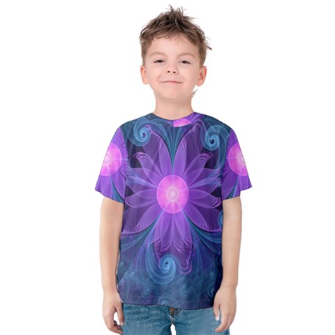 Blown Glass Flower Of An Electricblue Fractal Iris Kids  Cotton Tee by jayaprime