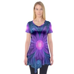 Blown Glass Flower Of An Electricblue Fractal Iris Short Sleeve Tunic  by jayaprime