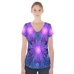 Blown Glass Flower Of An Electricblue Fractal Iris Short Sleeve Front Detail Top by jayaprime