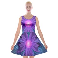 Blown Glass Flower Of An Electricblue Fractal Iris Velvet Skater Dress by jayaprime