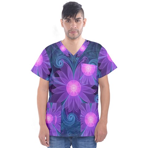 Blown Glass Flower Of An Electricblue Fractal Iris Men s V-neck Scrub Top by jayaprime