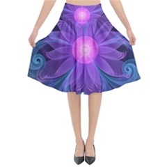 Blown Glass Flower Of An Electricblue Fractal Iris Flared Midi Skirt by jayaprime