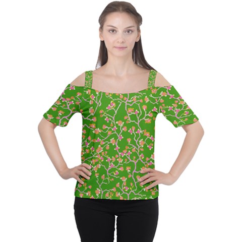 Green Orange Pink Blooming Branches Design     Cutout Shoulder Tee by 1dsign