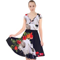 Animal Skull With A Wreath Of Wild Flower Cap Sleeve Front Wrap Midi Dress