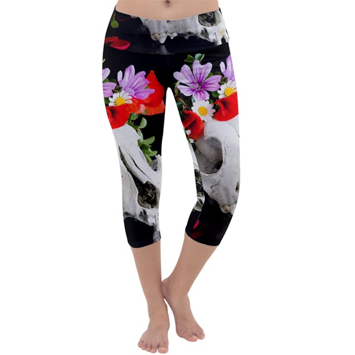 Animal Skull With A Wreath Of Wild Flower Capri Yoga Leggings