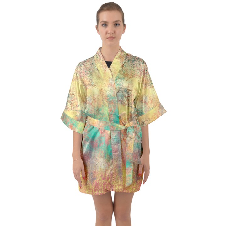 Pink Pastel Abstract Quarter Sleeve Kimono Robe