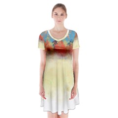 Colorful Tree Landscape in Orange and Blue Short Sleeve V-neck Flare Dress