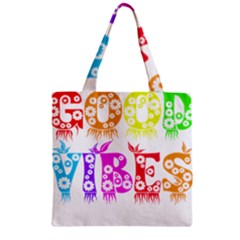 Good Vibes Rainbow Floral Typography Zipper Grocery Tote Bag by yoursparklingshop