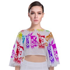 Good Vibes Rainbow Floral Typography Tie Back Butterfly Sleeve Chiffon Top