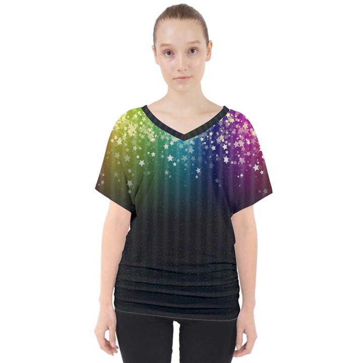 Colorful Space Rainbow Stars V-Neck Dolman Drape Top