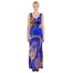Blue Gold Marbled Maxi Thigh Split Dress by NouveauDesign