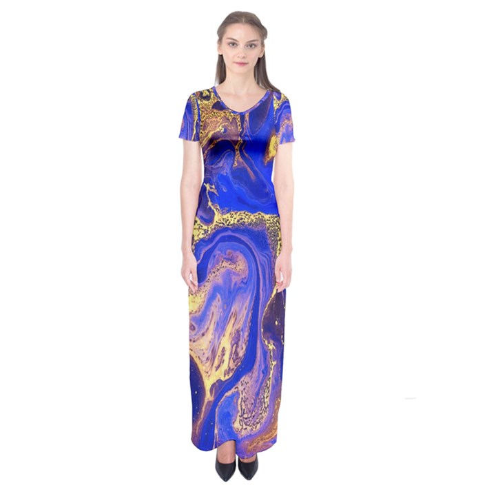 blue gold marbled Short Sleeve Maxi Dress