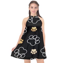 Dog Pawprint Tracks Background Pet Halter Neckline Chiffon Dress 