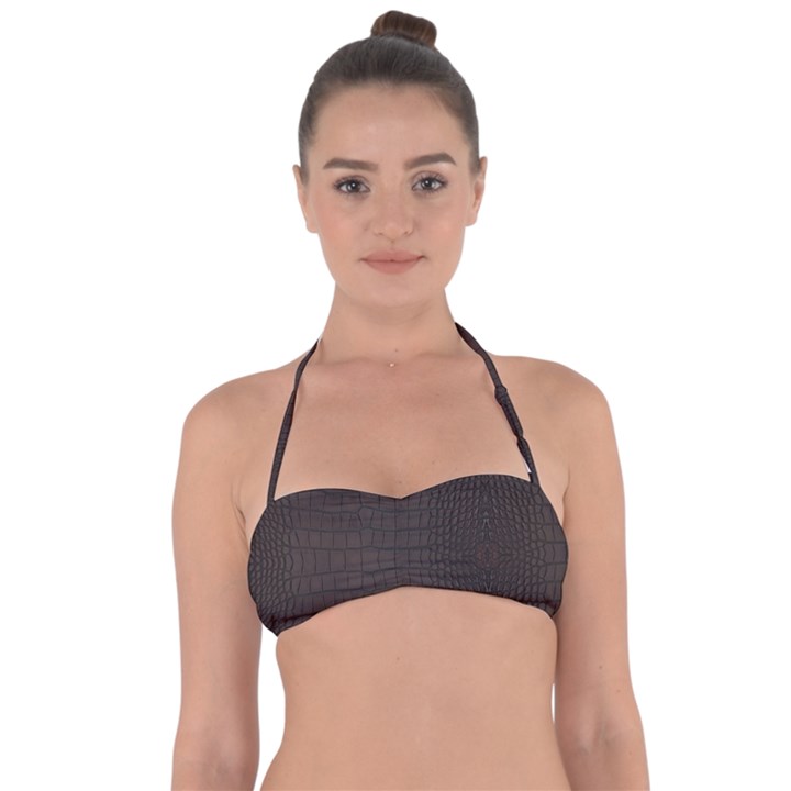 Gator Brown Leather Print Halter Bandeau Bikini Top