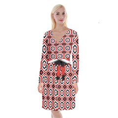 Motif Batik Design Decorative Long Sleeve Velvet Front Wrap Dress