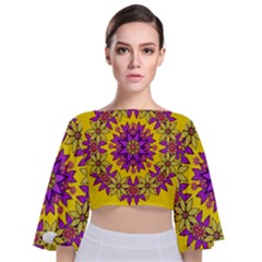 Fantasy Flower Wreath With Jungle Florals Tie Back Butterfly Sleeve Chiffon Top