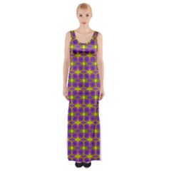 Purple Yellow Swirl Pattern Maxi Thigh Split Dress