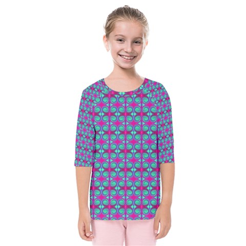 Pink Green Turquoise Swirl Pattern Kids  Quarter Sleeve Raglan Tee by BrightVibesDesign