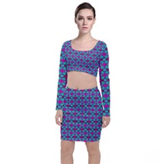 Pink Green Turquoise Swirl Pattern Long Sleeve Crop Top & Bodycon Skirt Set by BrightVibesDesign