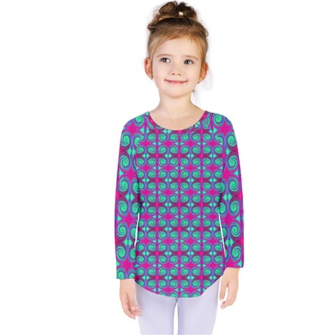 Pink Green Turquoise Swirl Pattern Kids  Long Sleeve Tee by BrightVibesDesign