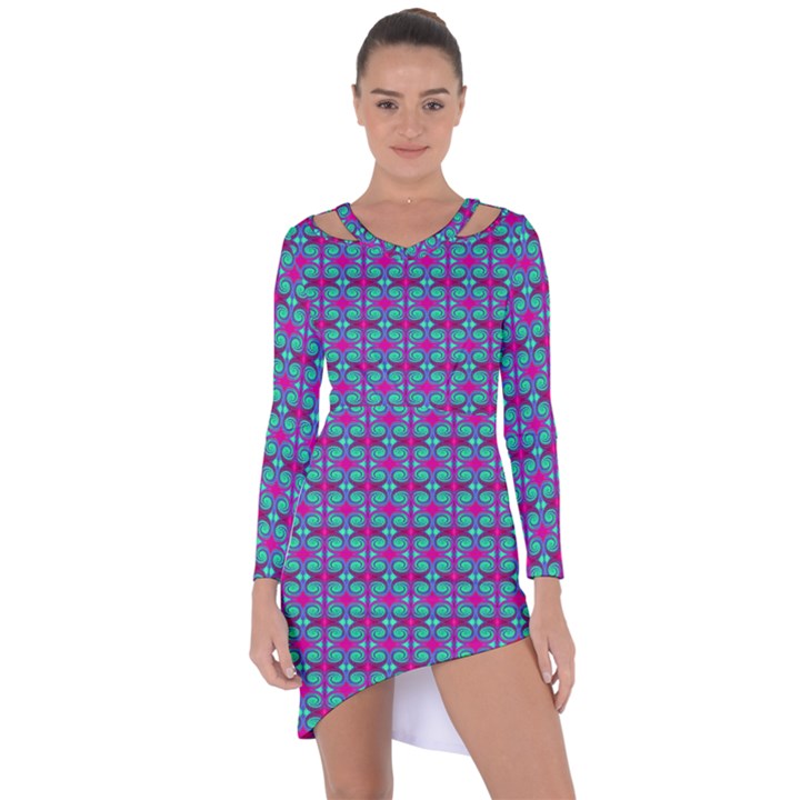 Pink Green Turquoise Swirl Pattern Asymmetric Cut-Out Shift Dress