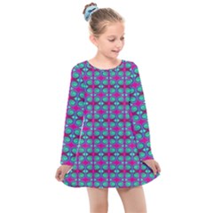 Pink Green Turquoise Swirl Pattern Kids  Long Sleeve Dress by BrightVibesDesign