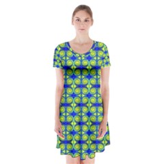 Blue Yellow Green Swirl Pattern Short Sleeve V-neck Flare Dress by BrightVibesDesign