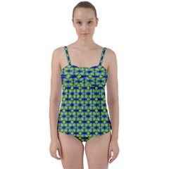 Blue Yellow Green Swirl Pattern Twist Front Tankini Set by BrightVibesDesign