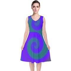 Swirl Green Blue Abstract V-neck Midi Sleeveless Dress  by BrightVibesDesign