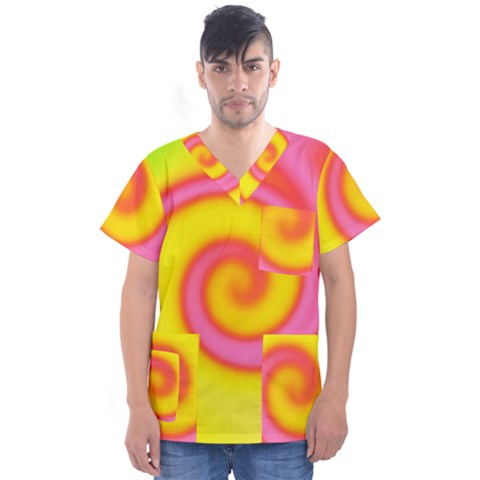 Swirl Yellow Pink Abstract Men s V-neck Scrub Top by BrightVibesDesign