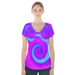 Swirl Pink Turquoise Abstract Short Sleeve Front Detail Top