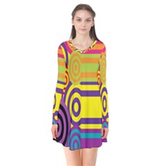 Retro Circles And Stripes 60s Long Sleeve V-neck Flare Dress