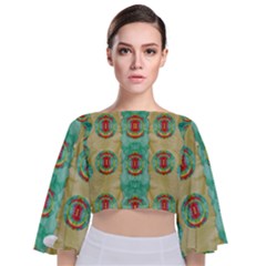 Peace Will Be In Fantasy Flowers With Love Tie Back Butterfly Sleeve Chiffon Top by pepitasart