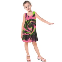 Swirl Black Pink Green Kids  Sleeveless Dress by BrightVibesDesign