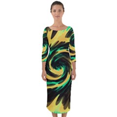 Swirl Black Yellow Green Quarter Sleeve Midi Bodycon Dress by BrightVibesDesign