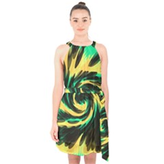 Swirl Black Yellow Green Halter Collar Waist Tie Chiffon Dress by BrightVibesDesign