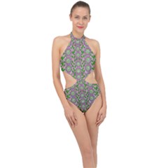 Ivy And  Holm Oak With Fantasy Meditative Orchid Flowers Halter Side Cut Swimsuit by pepitasart