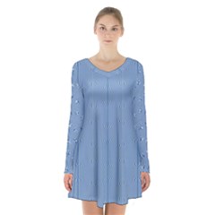 Mod Twist Stripes Blue And White Long Sleeve Velvet V-neck Dress