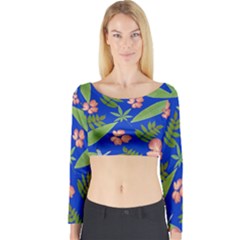 Leaves On Blue Long Sleeve Crop Top by LoolyElzayat