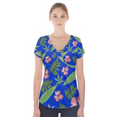 Leaves On Blue Short Sleeve Front Detail Top by LoolyElzayat